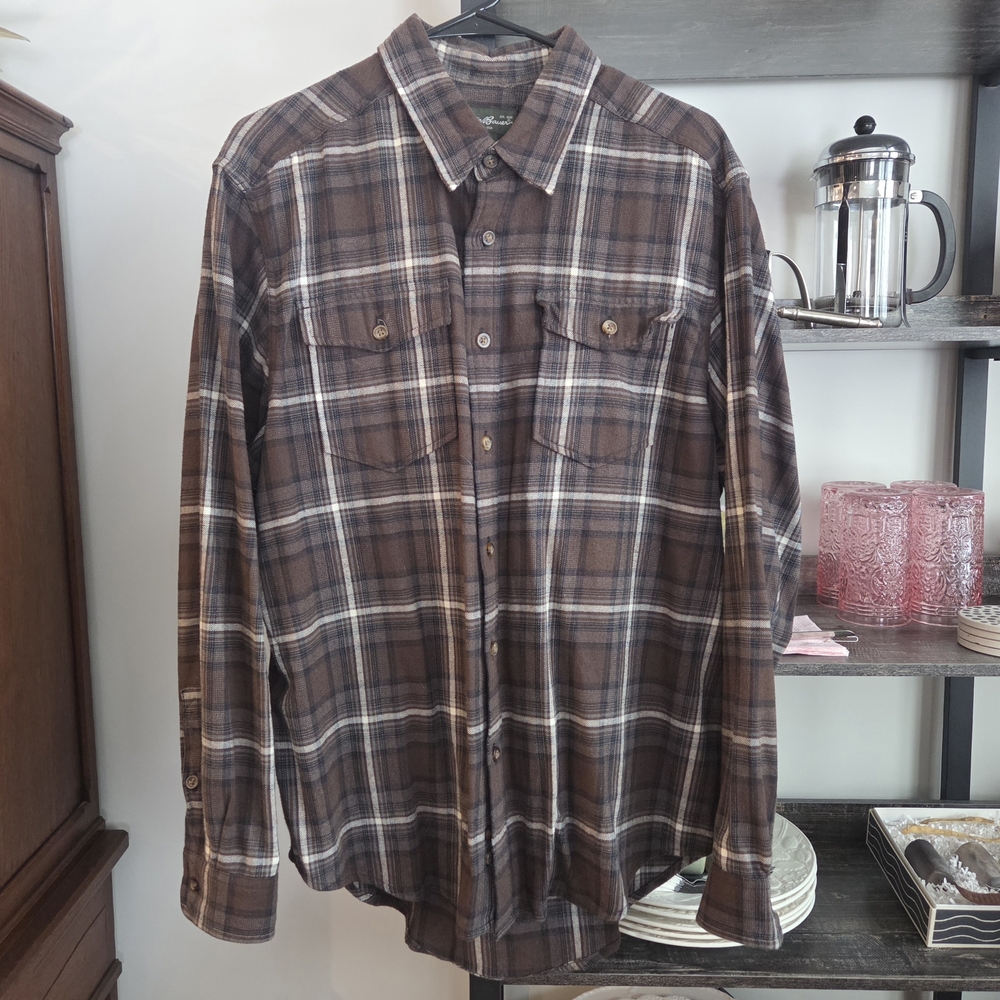 Warm Cozy Eddie Bauer Brown Black Plaid Men's Shirt Flannel Large